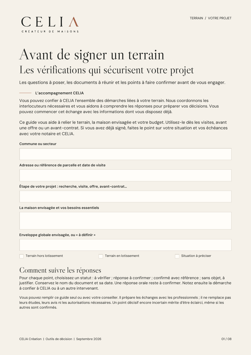Couverture de la checklist Avant de signer un terrain de CELIA Création.