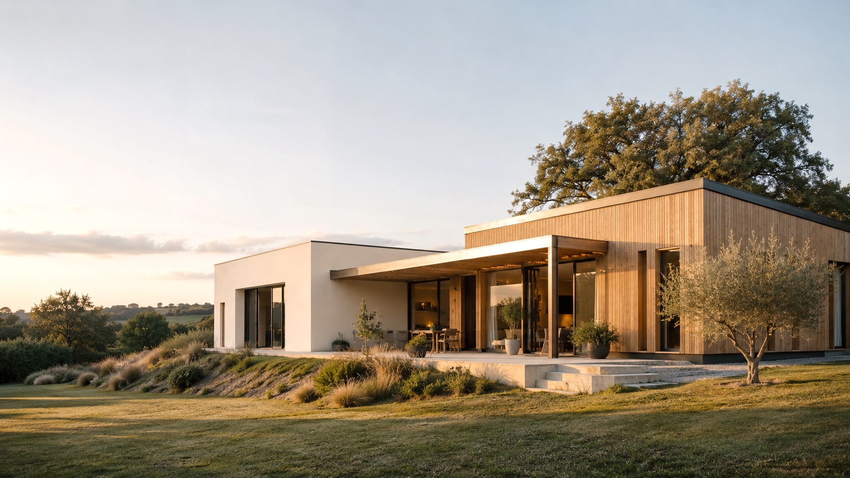 Maison contemporaine associant volumes enduits et bardage bois dans un paysage ouvert.