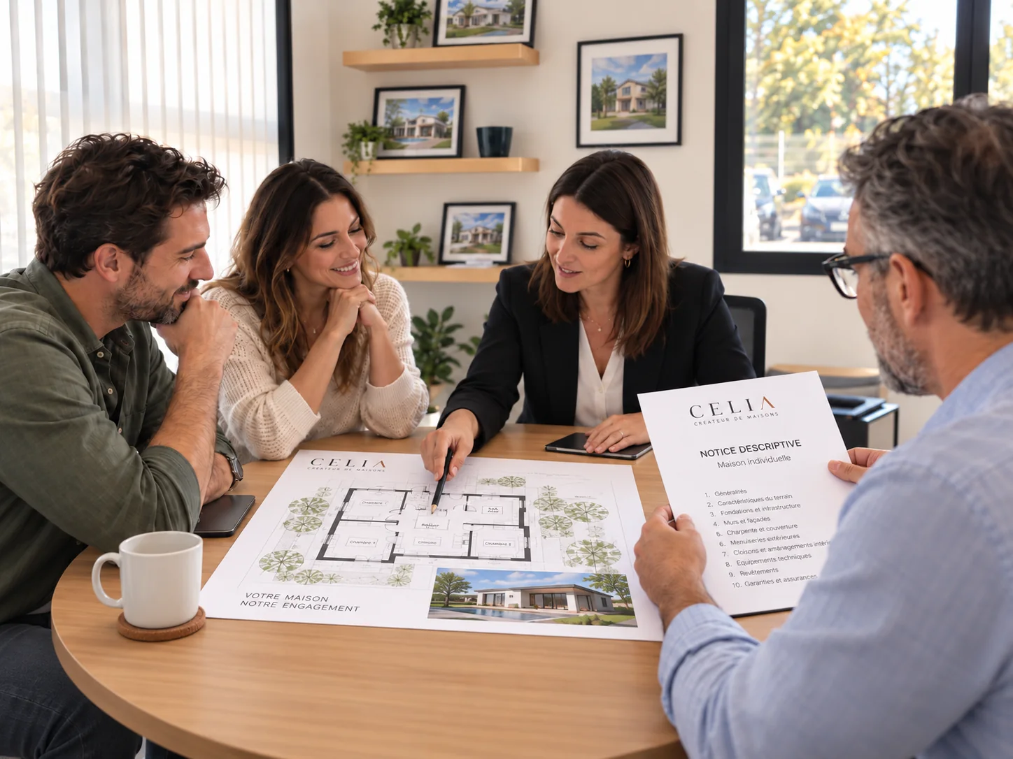 Quatre personnes réunies autour d’un plan de maison et d’une notice descriptive CELIA.