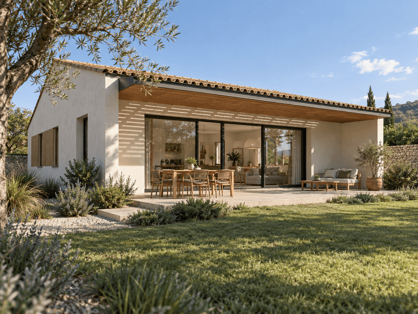 Illustration d’une maison contemporaine avec terrasse ombragée et larges baies vitrées.