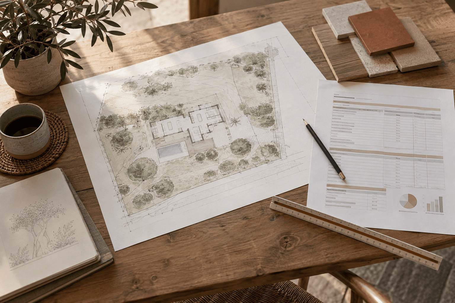 Illustration d’une table de travail avec un plan fictif de parcelle, une esquisse de maison et une feuille de budget fictive.