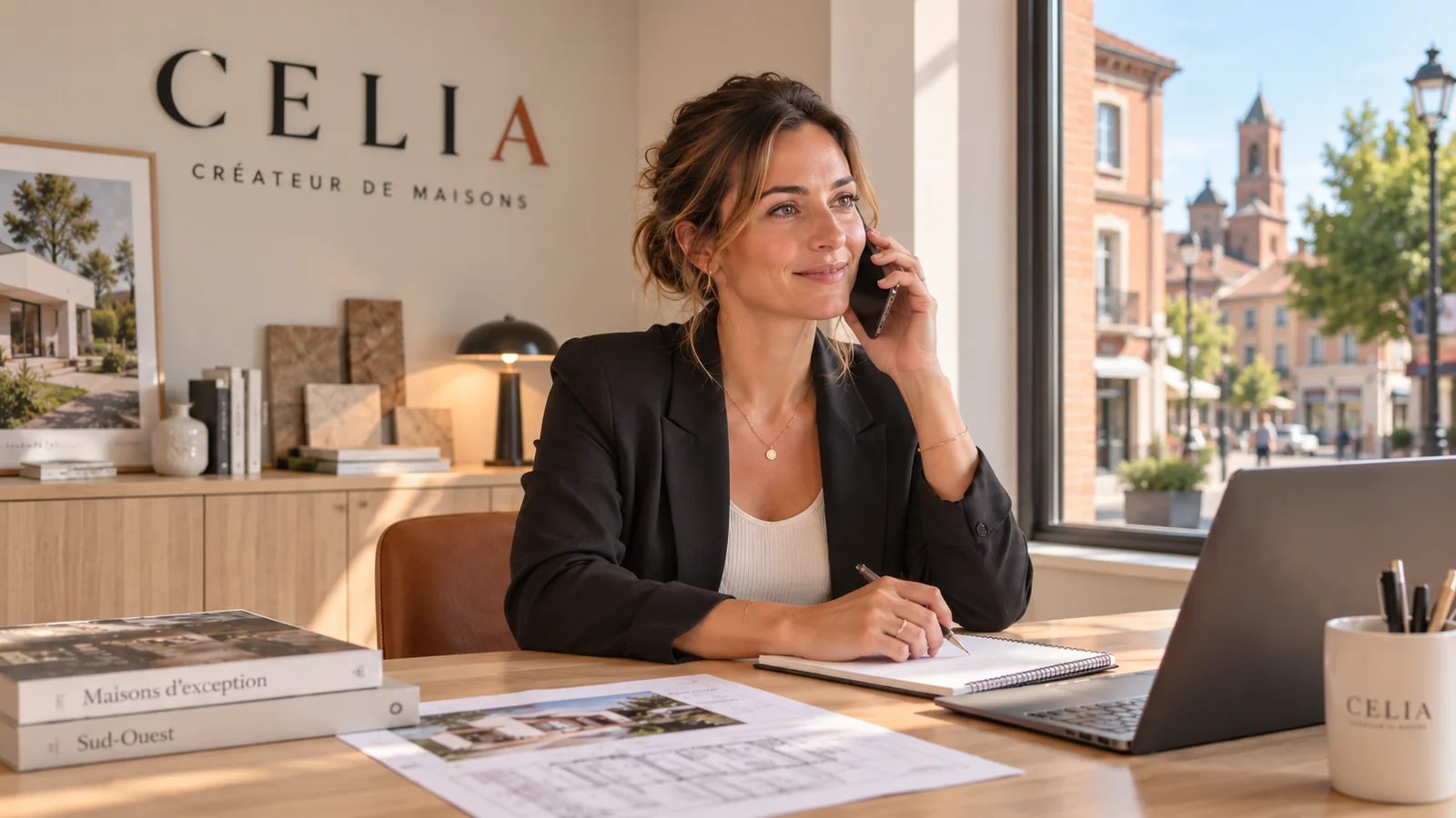 Conseillère en échange téléphonique autour d’un projet de maison.