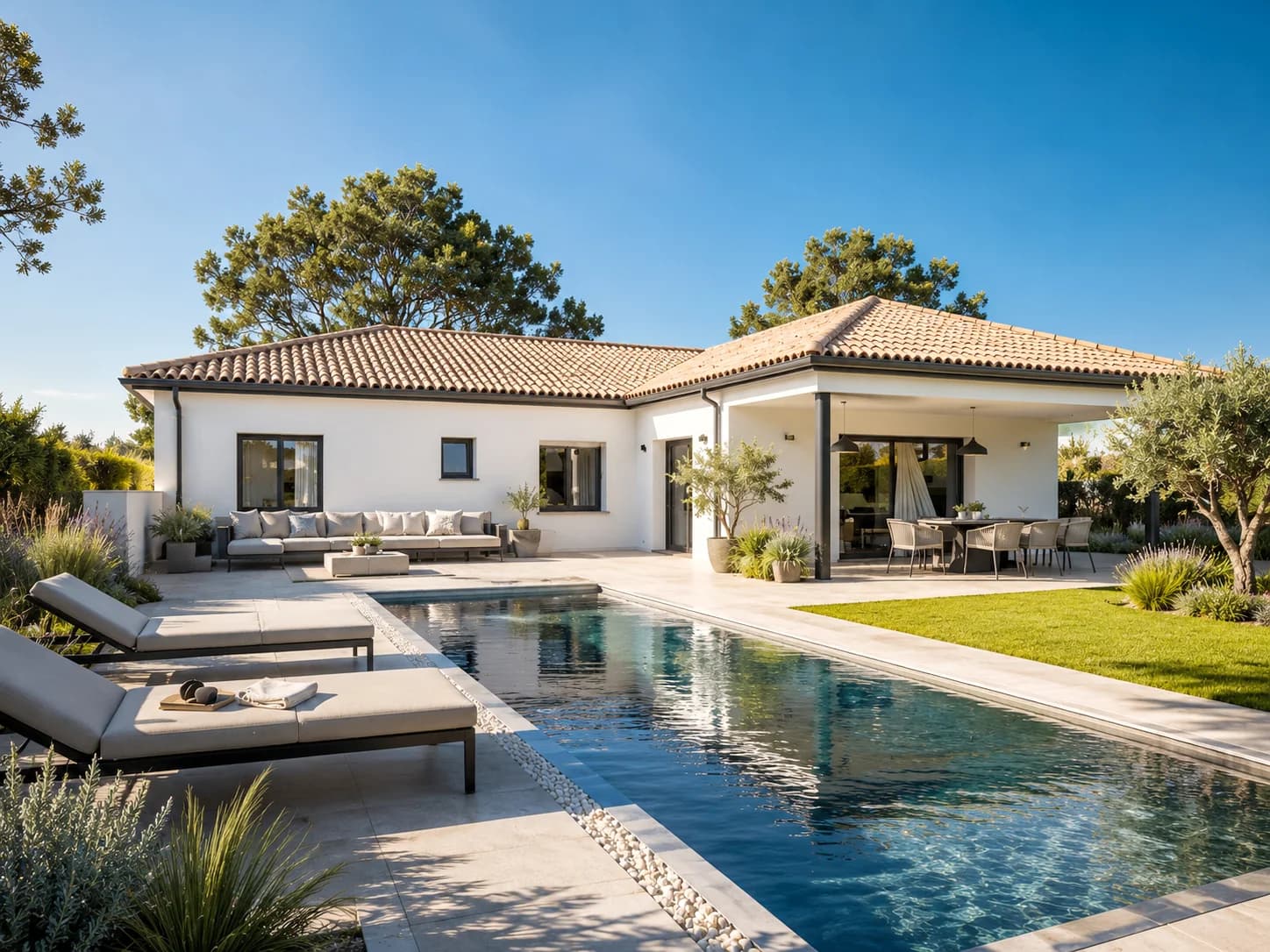 Maison de plain-pied ouverte sur une terrasse couverte, un jardin paysager et une piscine.