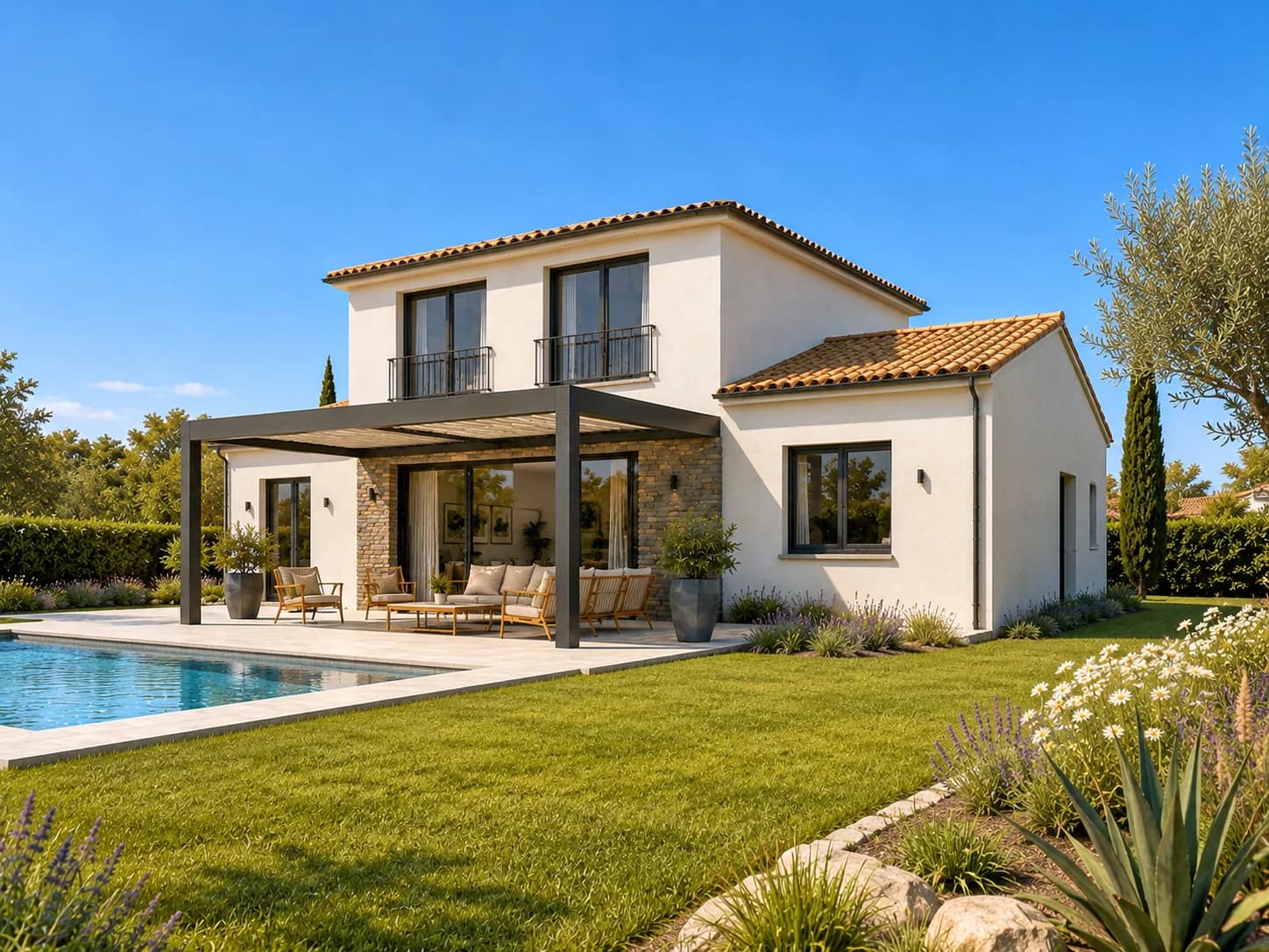 Maison à étage avec pergola, baies vitrées et jardin planté.