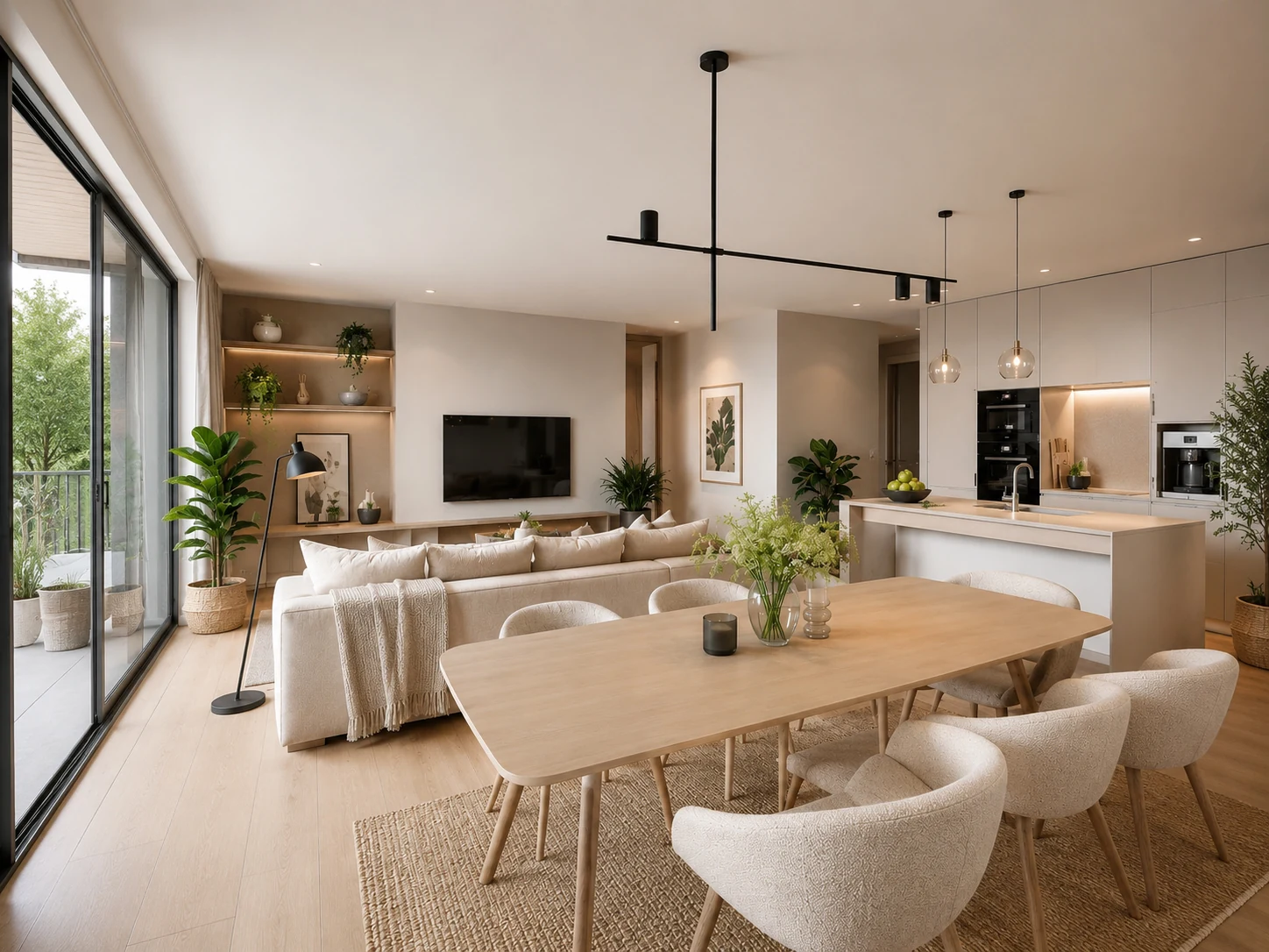 Pièce de vie contemporaine réunissant cuisine, salle à manger et salon dans un espace ouvert sur le jardin.