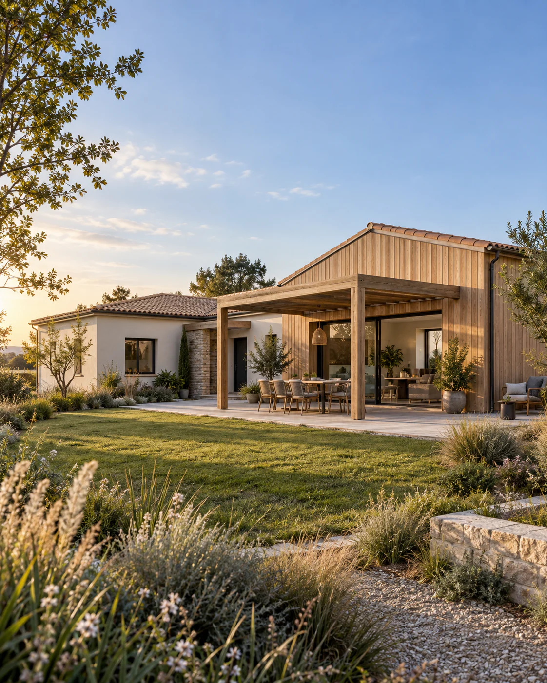 Visualisation d’une maison bois de plain-pied associant bardage, enduit clair et terrasse.