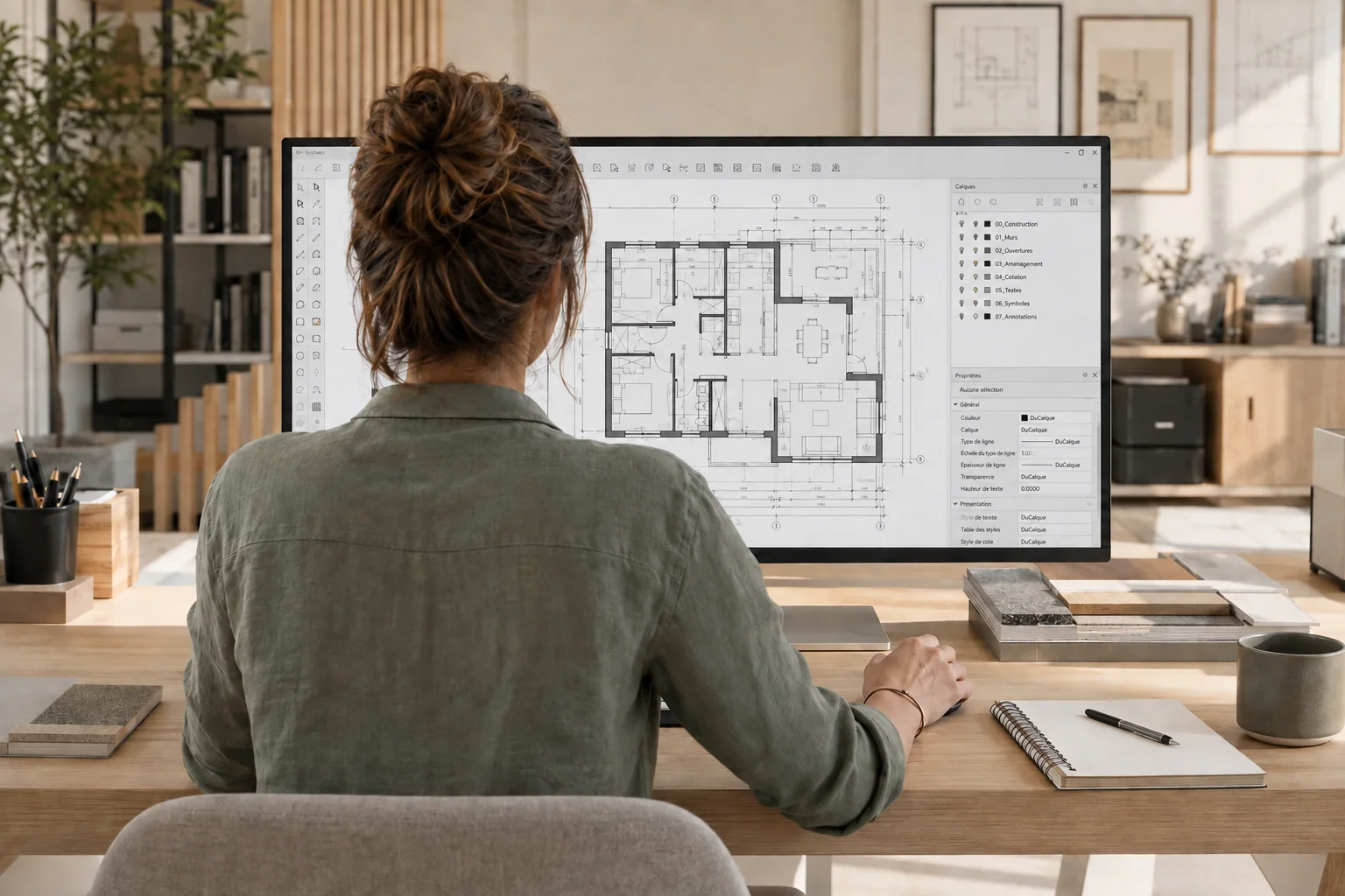 Conception d’un plan de maison sur écran dans un espace de travail.