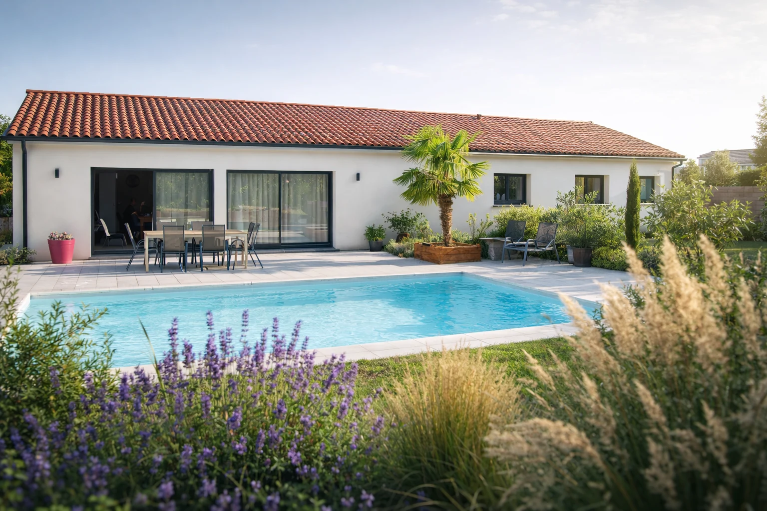 Maison de plain-pied aux façades claires, ouverte sur une terrasse, une piscine et un jardin paysager.