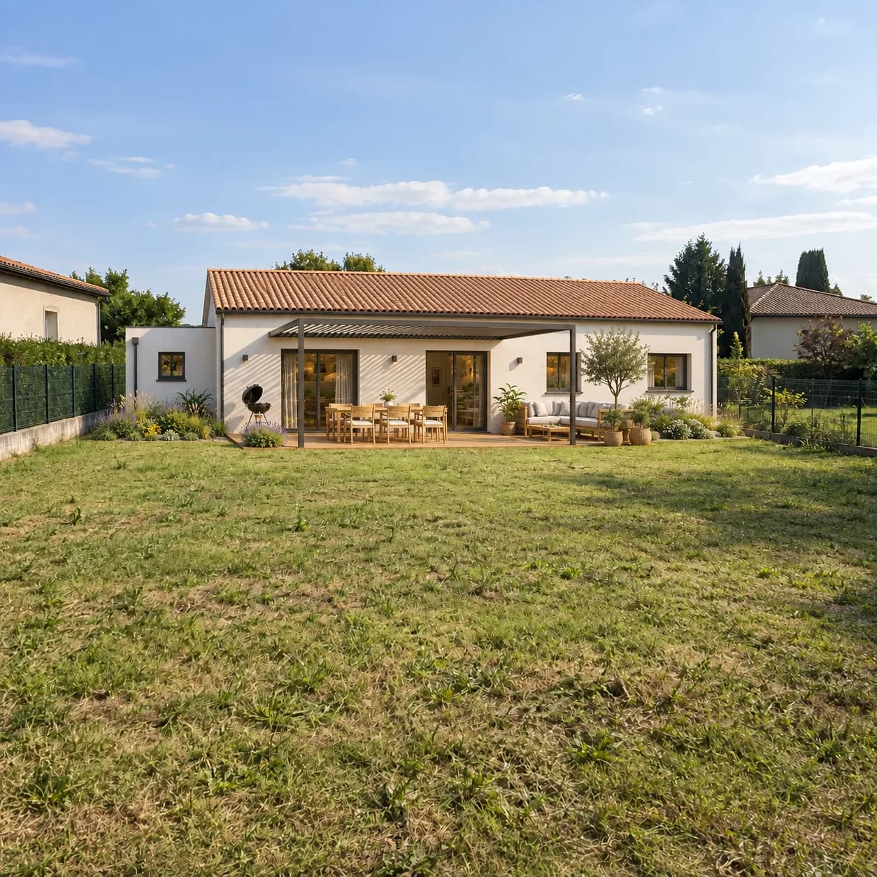 Projection d’une maison de plain-pied avec terrasse sur le terrain.