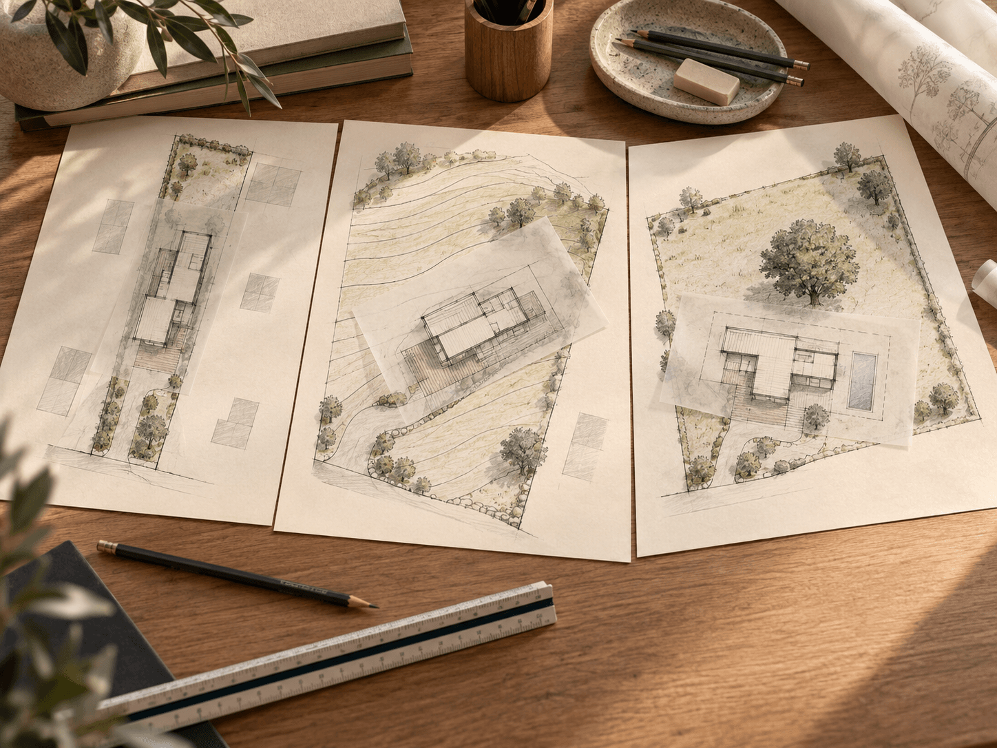 Illustration de trois plans de parcelles et de maisons comparés sur une table de travail.