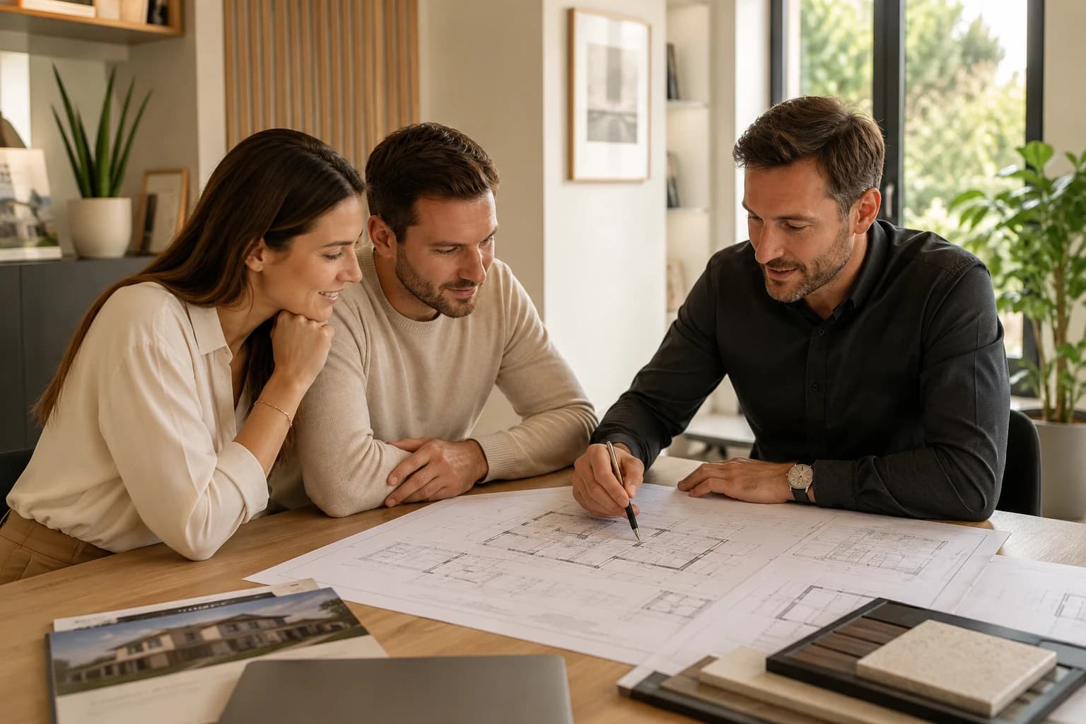 Un couple et un concepteur étudient ensemble les plans d’une maison.