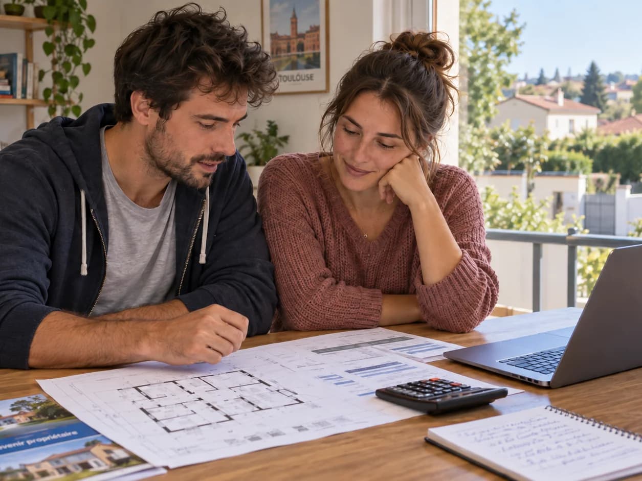 Un couple examine un plan de maison posé près d’un ordinateur et d’une calculatrice.