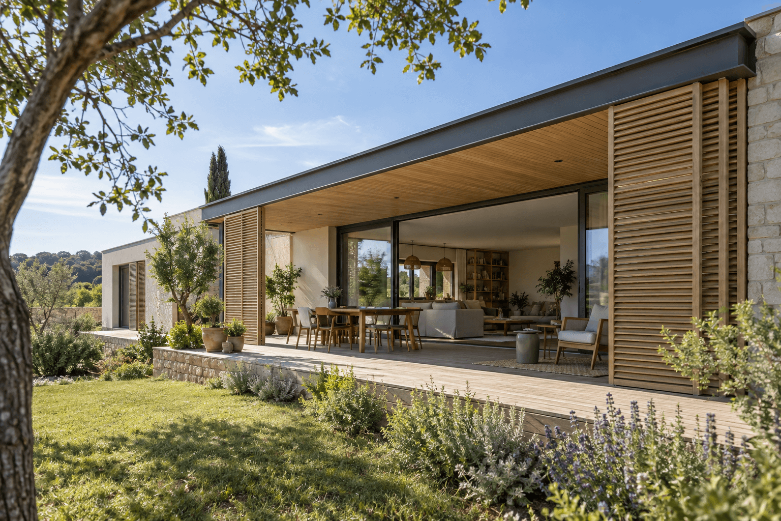 Illustration d’une maison contemporaine fictive avec débord de toiture, protections solaires à lames et terrasse ombragée.