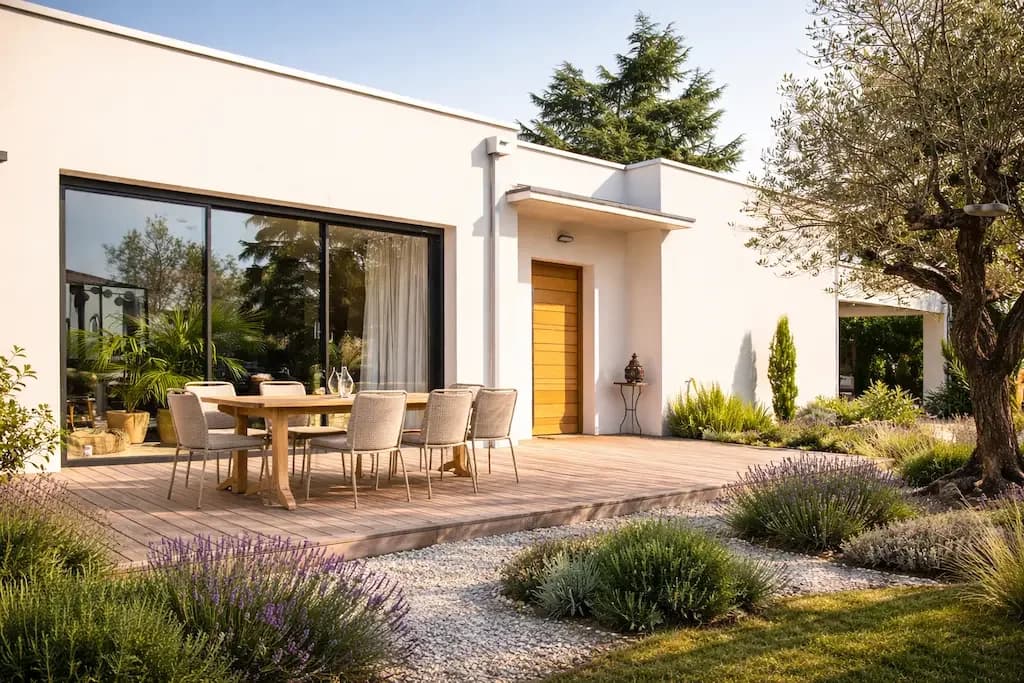 Terrasse en bois devant une maison de plain-pied aux larges baies vitrées.