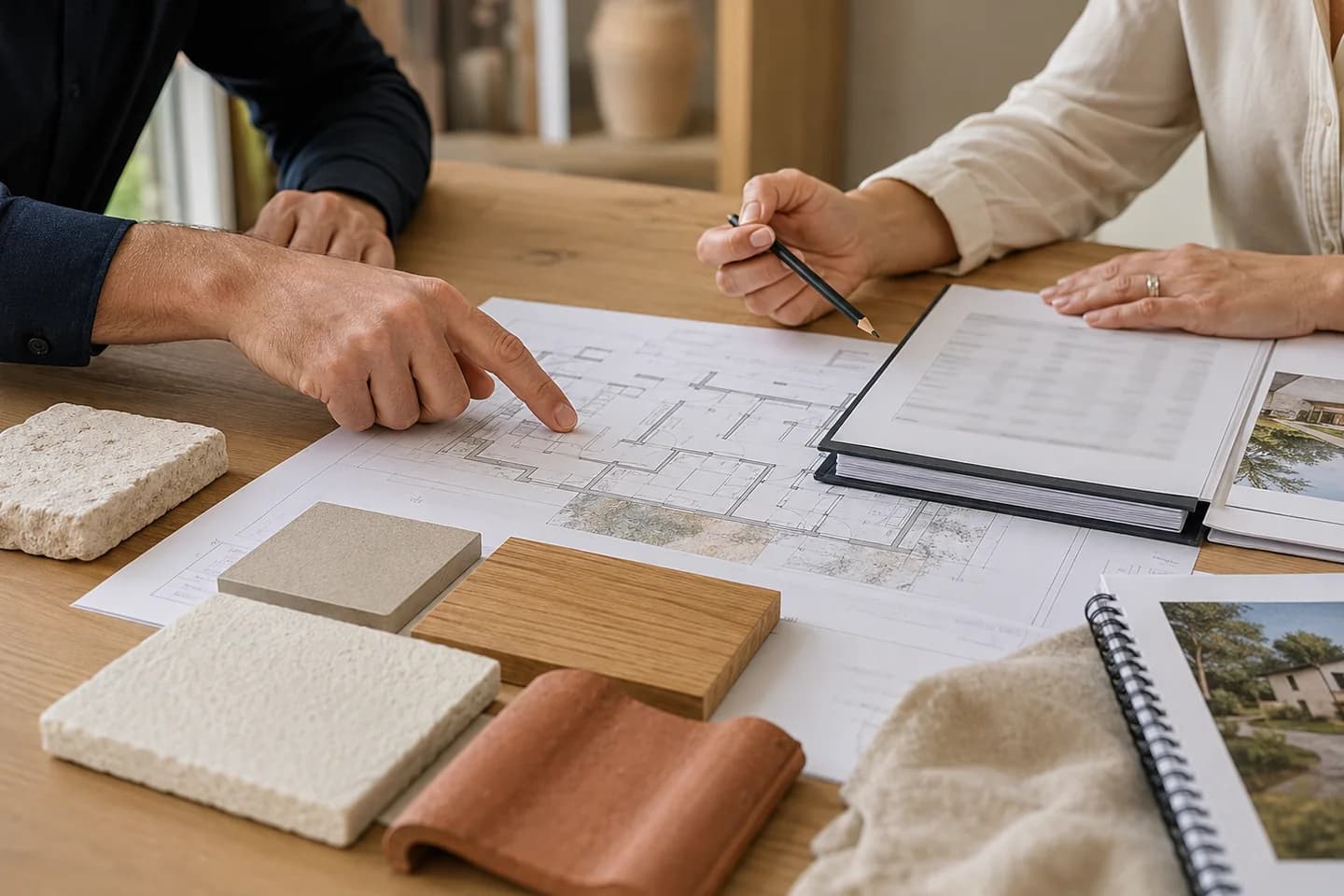 Deux personnes échangent autour d’un plan de maison et d’échantillons de matériaux.