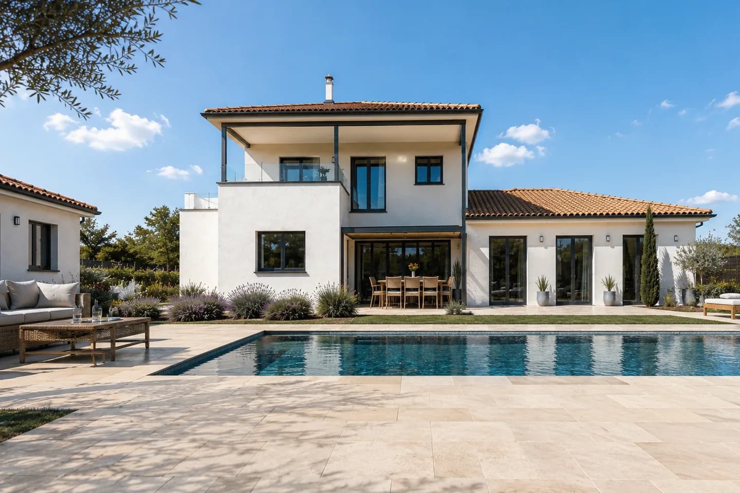 Maison à étage ouverte sur un jardin paysager et une piscine.