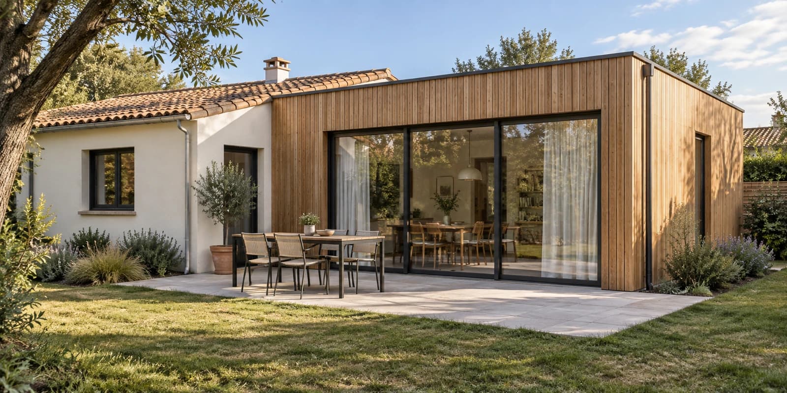 Extension contemporaine en ossature bois reliée à une maison existante enduite.