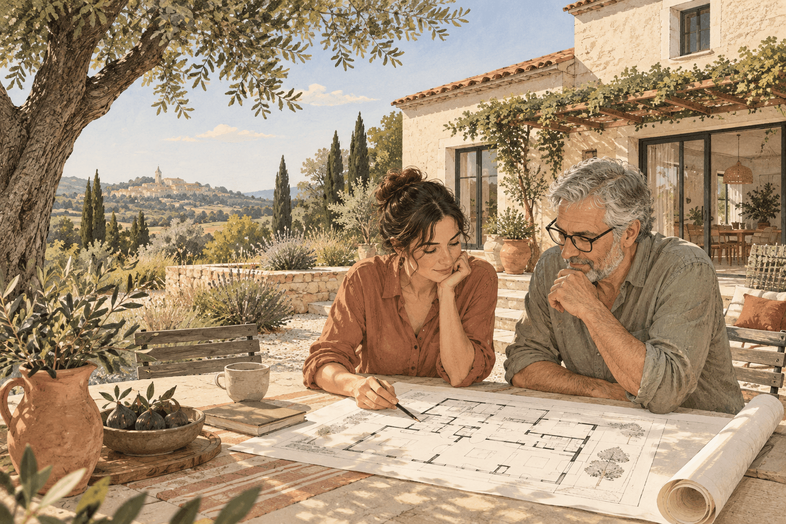 Deux proches examinent ensemble le plan d’une maison devant une habitation contemporaine.