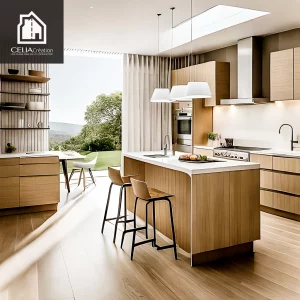 Cuisine en bois clair avec îlot central et ouverture sur jardin, conçue par CELIA Création dans une maison contemporaine sur-mesure