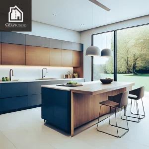 Cuisine design et minimaliste avec îlot central dans une maison sur-mesure CELIA Création, ouverte sur un jardin arboré