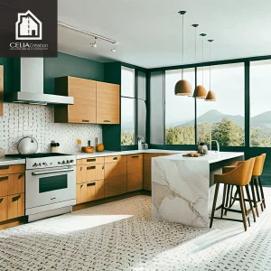 Cuisine sur-mesure CELIA Création avec îlot en marbre et grandes baies vitrées offrant une vue panoramique sur les montagnes