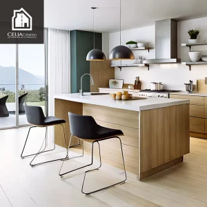 Cuisine ouverte contemporaine avec îlot central réalisée par CELIA Création dans une maison sur-mesure en région sud-ouest