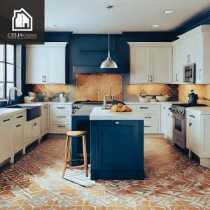 Cuisine traditionnelle haut de gamme réalisée par CELIA Création dans une maison sur-mesure avec îlot central et carrelage décoratif