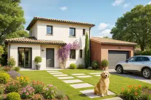 Maison contemporaine à étage avec garage et toiture en tuiles dans un jardin fleuri – construction neuve signée CELIA Création
