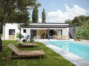 Maison plain-pied contemporaine avec pergola et piscine réalisée par CELIA Création, au style épuré et méditerranéen, parfaite pour un projet sur-mesure en Gironde.