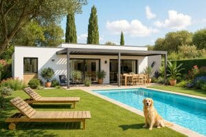 Maison contemporaine plain-pied avec piscine construite par CELIA Création, entourée de végétation méditerranéenne, idéale pour une vie en extérieur dans le sud-ouest.