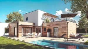 Maison moderne avec bardage bois et piscine réalisée par CELIA Création à Plaisance-du-Touch, terrasse en bois et toit plat