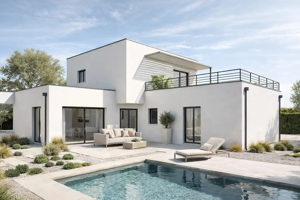 Maison contemporaine à étage avec piscine et terrasse aménagée réalisée par CELIA Création dans la région toulousaine