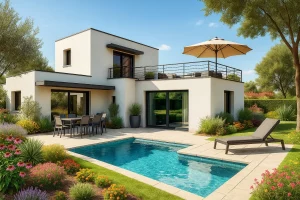 Maison contemporaine avec piscine conçue par CELIA Création à Plaisance-du-Touch, au style moderne avec toit plat et grandes baies vitrées