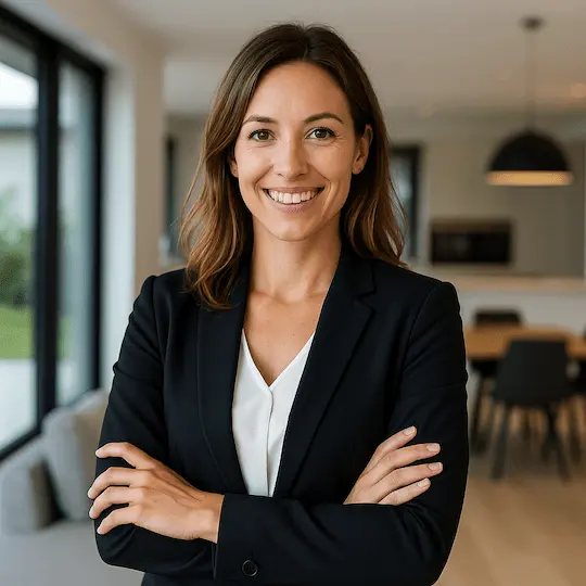 Portrait d'une commerciale souriante dans un intérieur moderne, représentant l'équipe de vente de CELIA Création, constructeur de maison sur-mesure.