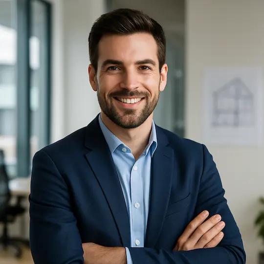 Portrait d'une commerciale souriante dans un intérieur moderne, représentant l'équipe de vente de CELIA Création, constructeur de maison sur-mesure.