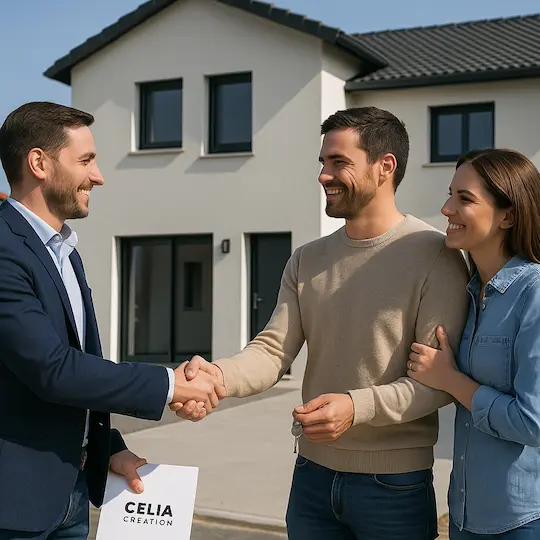 Livraison de maison sur-mesure à Toulouse – Satisfaction client garantie par CELIA Création Remise des clés d'une maison moderne construite par CELIA Création, avec un couple heureux devant leur maison sur-mesure en région toulousaine
