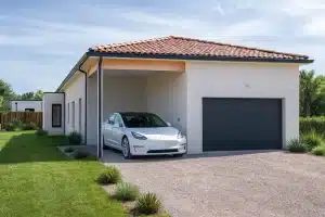Façade avant d'une maison sur-mesure avec garage et carport réalisée par CELIA Création à Plaisance-du-Touch, architecture contemporaine et toiture tuiles.