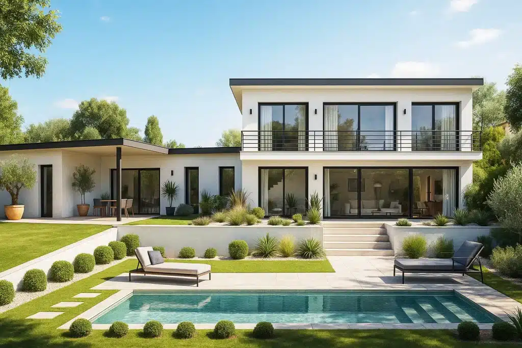 Maison contemporaine à étage avec piscine conçue par CELIA Création, style moderne haut de gamme dans le sud-ouest.