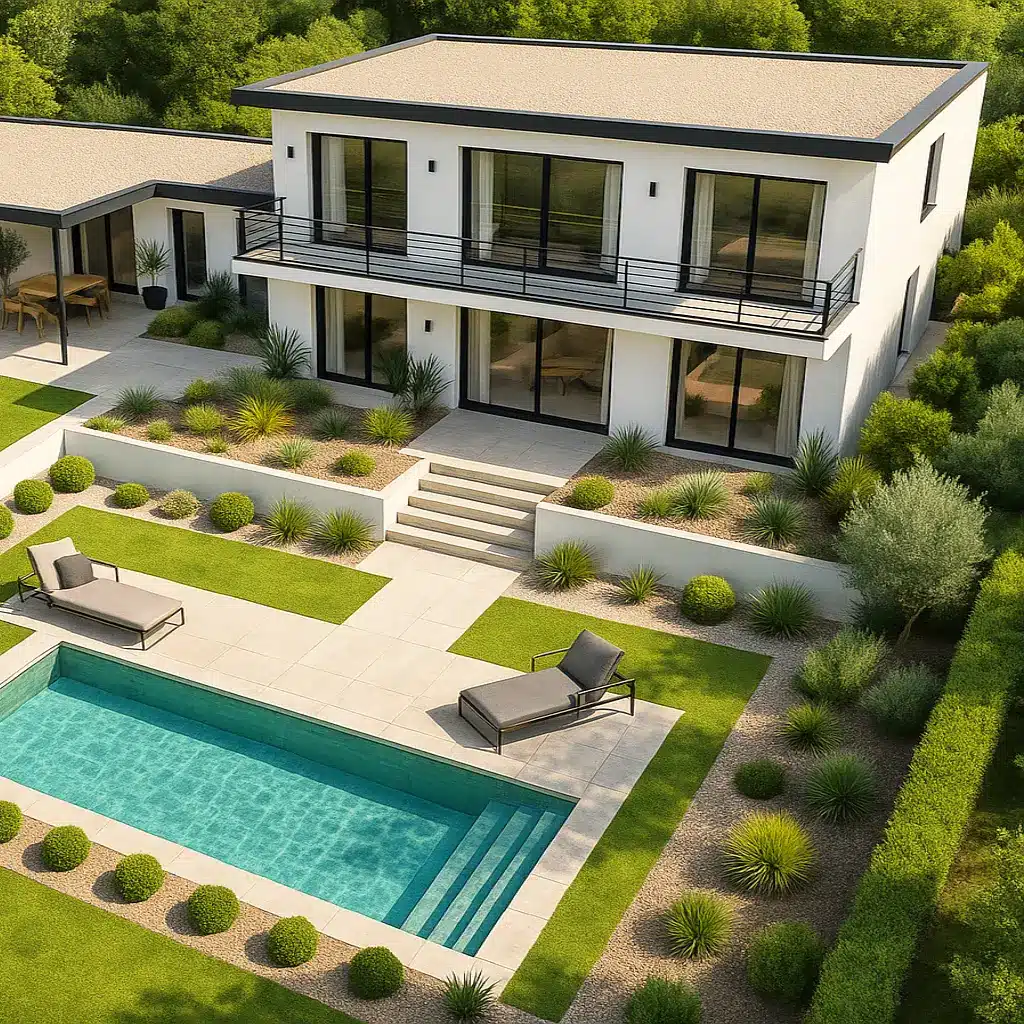 Vue aérienne d’une maison moderne à étage avec piscine, conçue par CELIA Création dans le sud-ouest, architecture contemporaine haut de gamme.