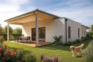 Maison contemporaine de plain-pied réalisée par CELIA Création à Plaisance-du-Touch, avec terrasse bois, jardin paysager et toiture tuiles.