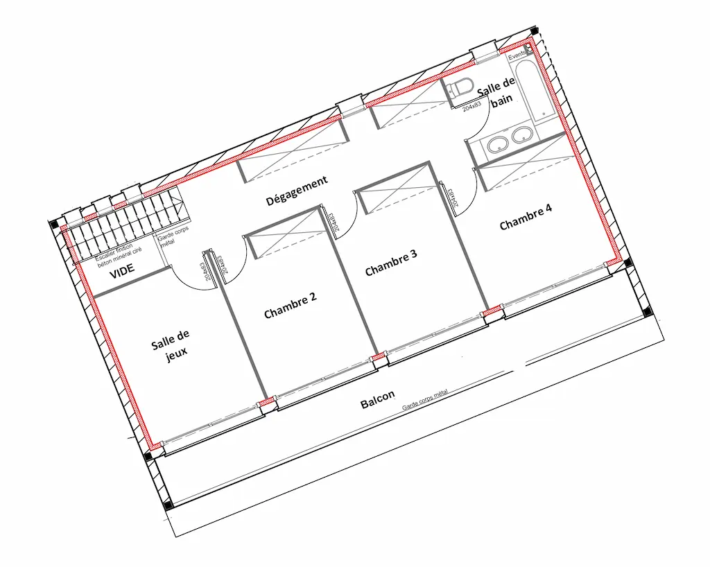 Plan de l’étage d’une maison familiale moderne de 260m², avec trois chambres, salle de jeux et salle de bain, signé CELIA Création.