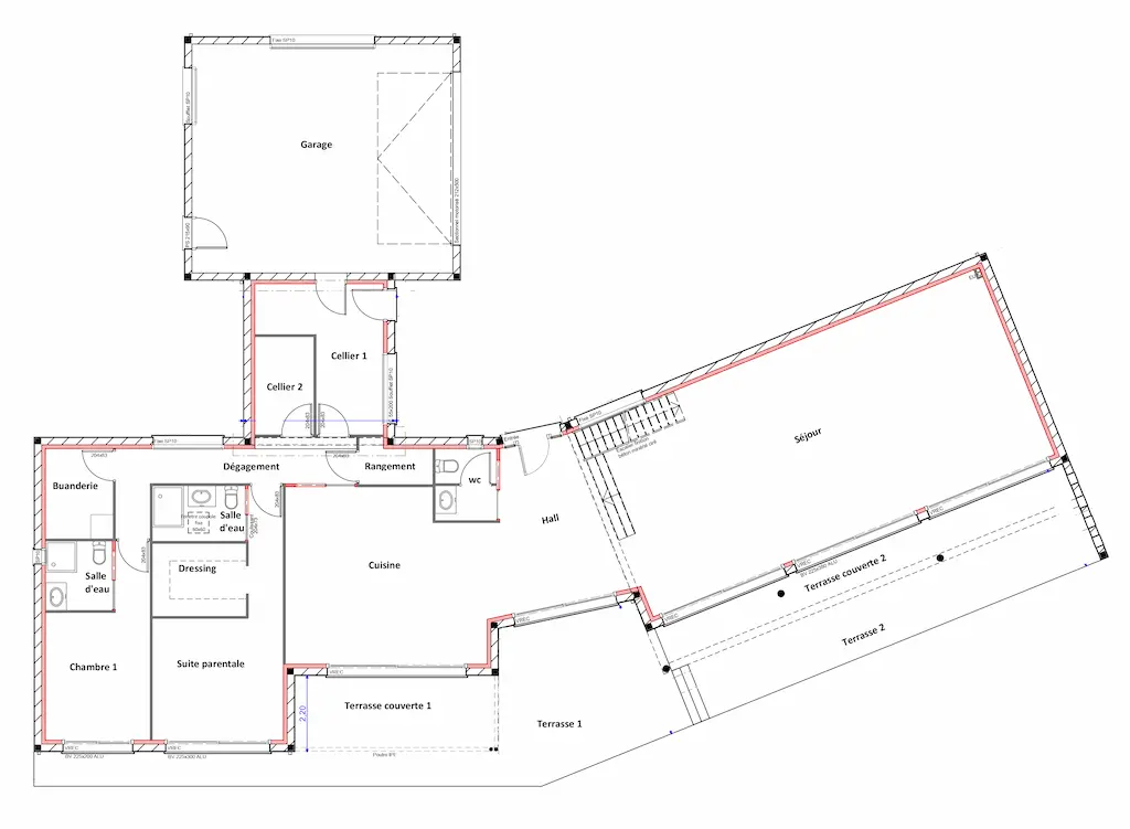 Plan du rez-de-chaussée d’une maison moderne de 260m² avec garage, suite parentale et terrasse couverte, conçu par CELIA Création.