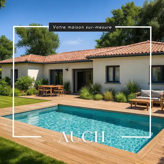 Maison contemporaine de plain-pied avec piscine construite par CELIA Création à Auch, dans le Gers, idéale pour une famille en quête de confort sur-mesure.