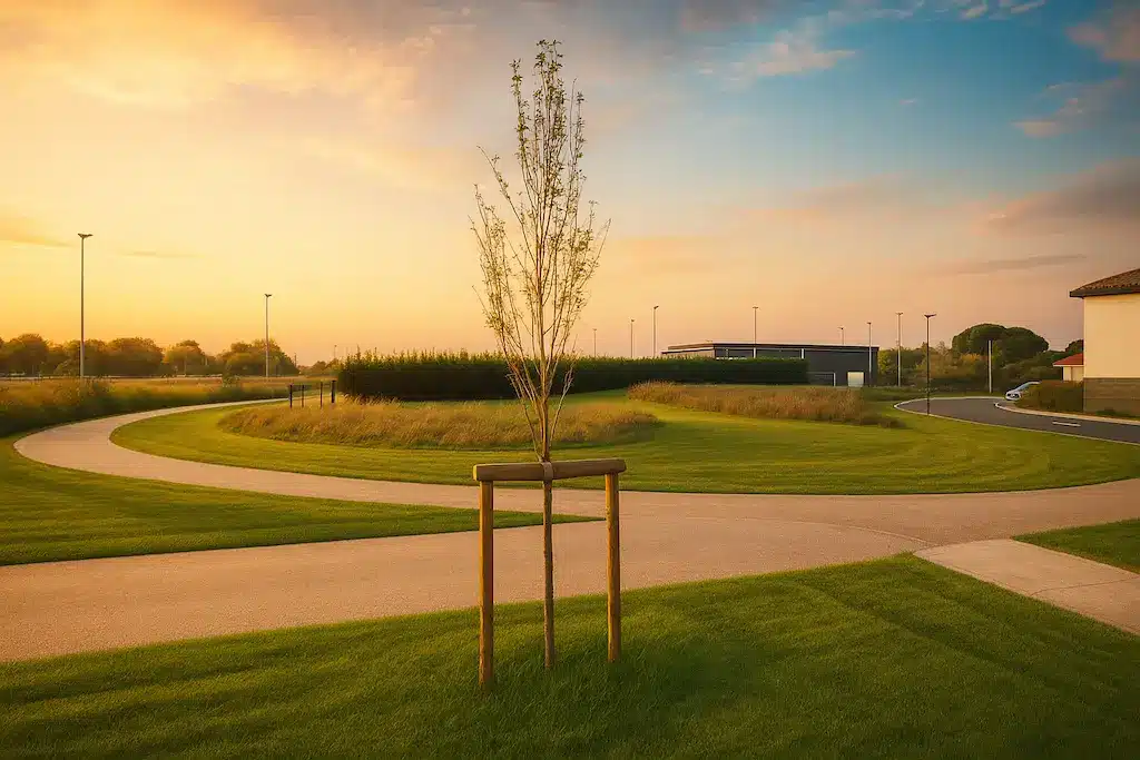 Vue d’un terrain à bâtir proposé par CELIA Création à Lespinasse, avec aménagement paysager et voirie récente