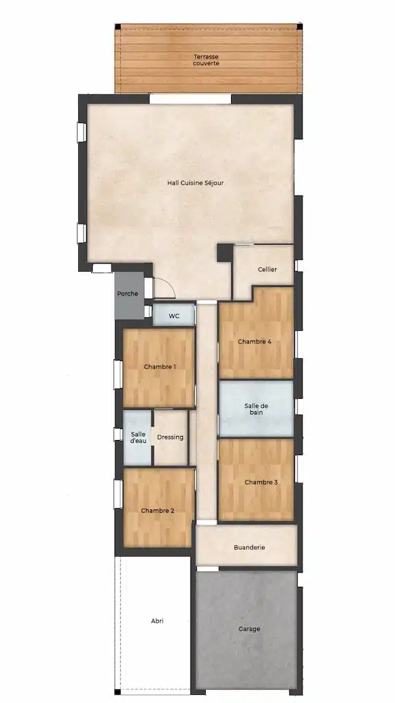 Plan détaillé d’une maison familiale de plain-pied à Plaisance-du-Touch avec 4 chambres, garage et terrasse, conçue sur-mesure par CELIA Création, constructeur en Haute-Garonne