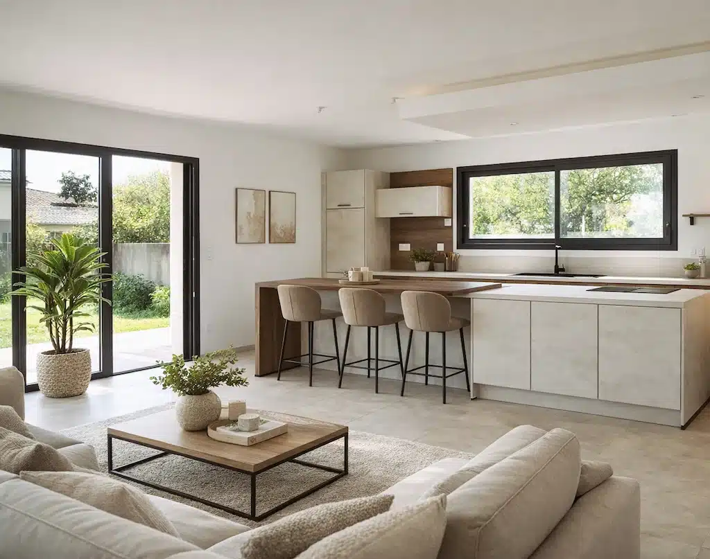 Intérieur lumineux et moderne d’une maison plain-pied à Plaisance-du-Touch, conçu par CELIA Création, constructeur de maison sur-mesure en Haute-Garonne