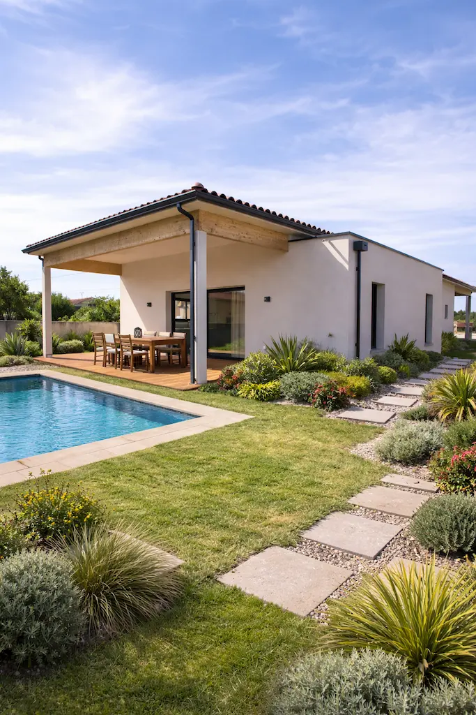 Vue verticale d’une maison plain-pied contemporaine avec piscine à Plaisance-du-Touch, conçue par CELIA Création, constructeur de maison individuelle en Haute-Garonne