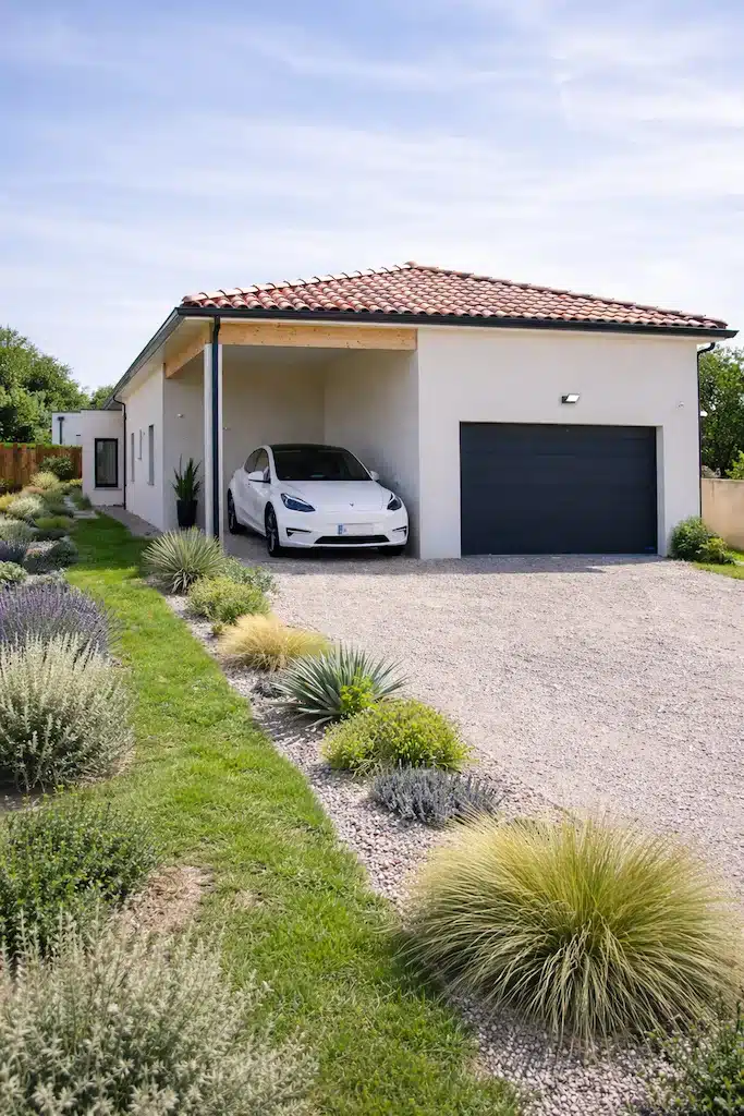Façade avant d’une maison contemporaine plain-pied avec garage à Plaisance-du-Touch, réalisée par CELIA Création, constructeur de maison sur-mesure en Haute-Garonne