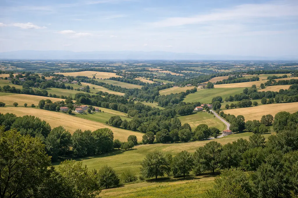 Paysage vallonné et cadre naturel de la région toulousaine, environnement idéal pour un projet de maison sur-mesure avec CELIA Création, constructeur de maisons individuelles.