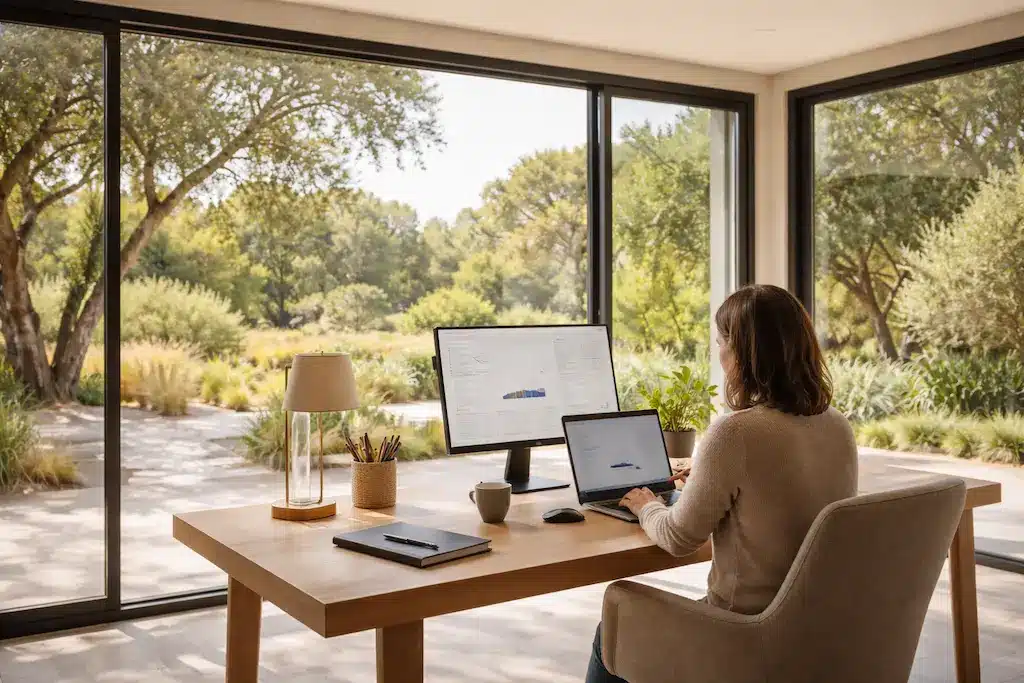 Espace de télétravail lumineux dans une maison neuve contemporaine, conçu sur-mesure par CELIA Création dans la région toulousaine